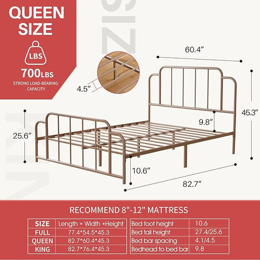 PINJU Metal Platform Bed Frame with Headboard and Footboard, Classic Style, Sturdy Metal Slats, No Box Spring Needed, Easy Installation (Pink, Queen)