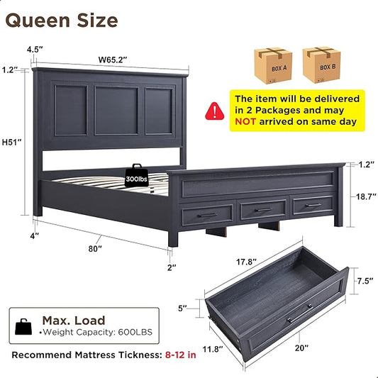 ACCOHOHO Farmhouse Queen Size Bed Frame with 52" Tall Headboard, Wood Platform Bedframe with Footboard and Storage Drawers, No Squeak, No Box Spring Needed, Black