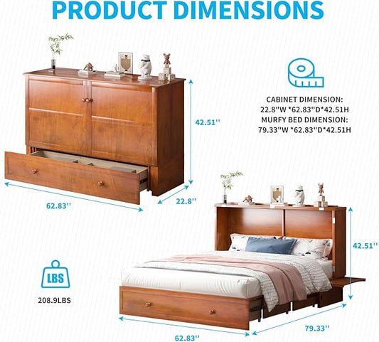 Mjkone Murphy Bed Queen Cabinet Bed with Tri-fold Mattress and Built-in USB Charging & 2 Drawers & Bedside Panel, Hidden Guest Beds, Murphy Cube Chest Cabinet Beds for Bedroom/Apartment - Cherry