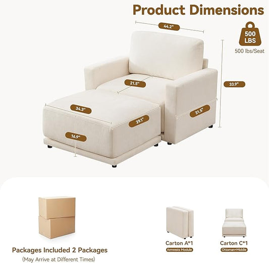 44.2" Chenille Oversized Chair with Movable Ottoman, Modular 1 Seat Couch with Thickened Cushions, Modern Single Sofa Chaise Lounge Reading Chair for Living Room, Small Apartment, White