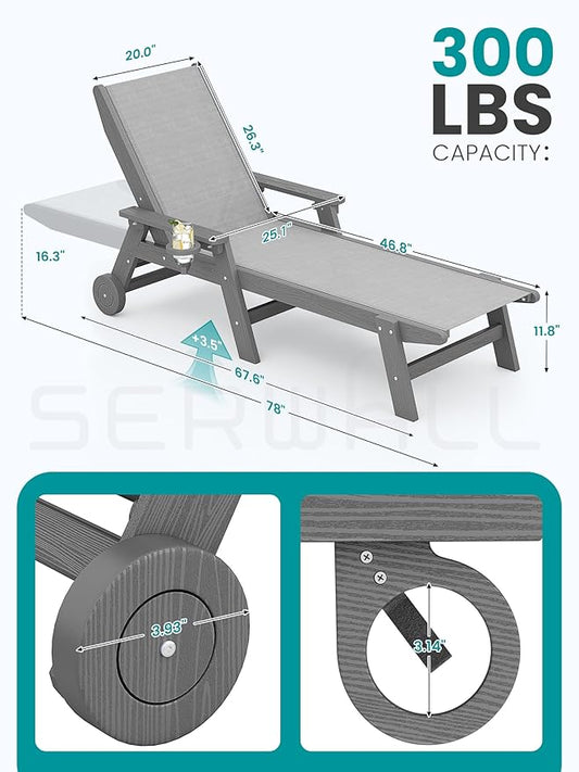 SERWALL Patio Chaise Lounge Chair, 5 Positions Outdoor Lounger for Pool, Textilene Lounge Chair with Rolling Wheels for Poolside, Deck, Grey