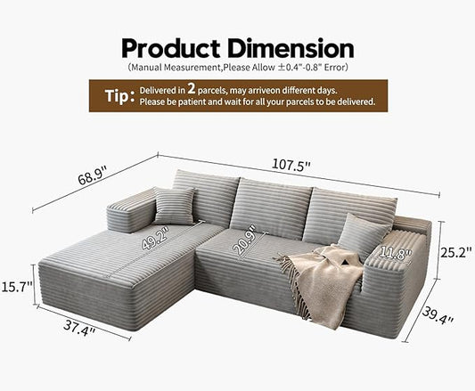 107.5" Cloud Modular Sectional Sofa Couch with L-Shape Chaise,Modern Minimalist Upholstered Couches for Living Room Bedroom,Deep Seat Corner Couch,No Assembly Required (Grey,Left Facing Chaise)