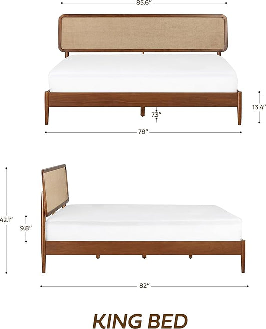 NTC Lupin Wooden Bed Frame with Headboard, Crafted from Walnut, Rubber Wood with Silent Slats and Wood Central Supports, 1000 Lb Capacity, Effortless Assembly, King - Dark Walnut