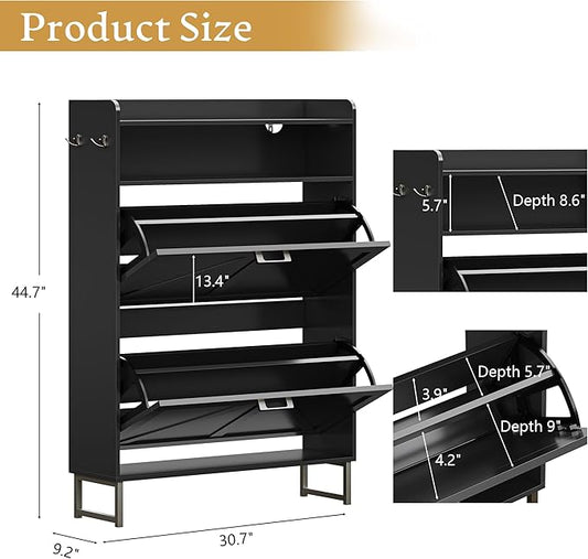 Shoe Storage Cabinet with 2 Flip Drawers, Narrow Wood Shoe Cabinet Storage for Entryway with Metal Legs & Hooks, Adjustable Shelves, Freestanding Shoe Rack Organizer for Foyer, Hallway, Black