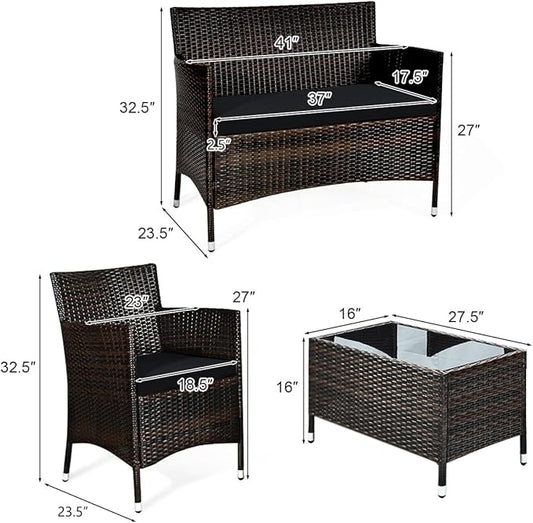 COSTWAY 4PCS Rattan Patio Furniture Set, Outdoor Wicker Rattan Chairs with Coffee Table, Rattan Cushioned Conversation Set for Backyard Balcony Porch Poolside, Black