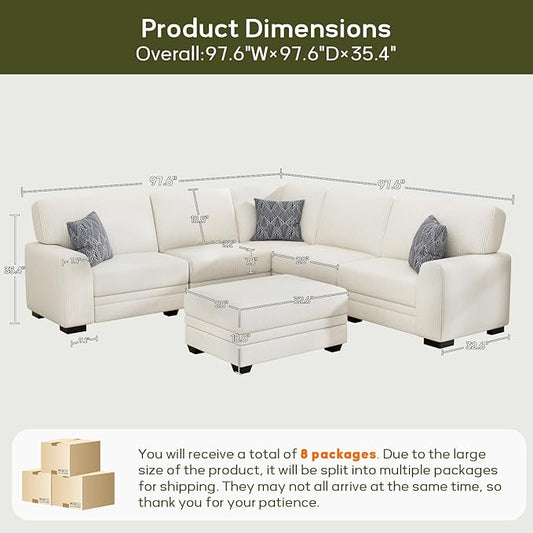 Wanderwell Oversized Modular Sectional Sofa, 6-Seater U Shaped Couches with Movable Ottoman,Corduroy Sectional Couch with Wide and Deep Seats Suitable for Living Room,Bedroom,Apartment (Cream, L-6)