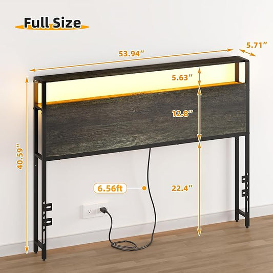 Full Sized Headboard with 2 Tiers Storage Shelves, Sturdy and Stable Headboard with Charging Station, USB Ports and LED Light for Full Bed Frame, Black Oak