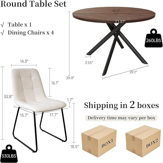45.3 Inch Round Dining Table Set for 4, Mid Century Modern Small Coffee Set for Dining Room Kitchen Apartment (Dark Walnut Table + 4 U-Shaped White Chairs)