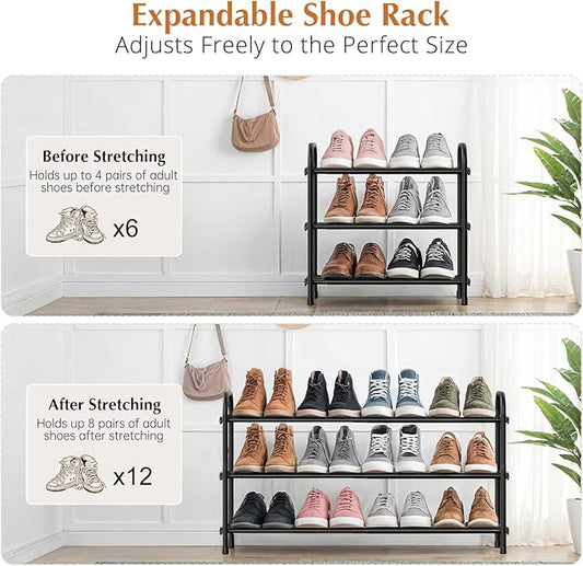 INSMART 3-Tier Expandable Shoe Rack, Stackable and Adjustable Shoes Organizer Storage Shelf, Sturdy and Durable Metal Structure Free Standing Shoe Rack for Closet Entryway Doorway