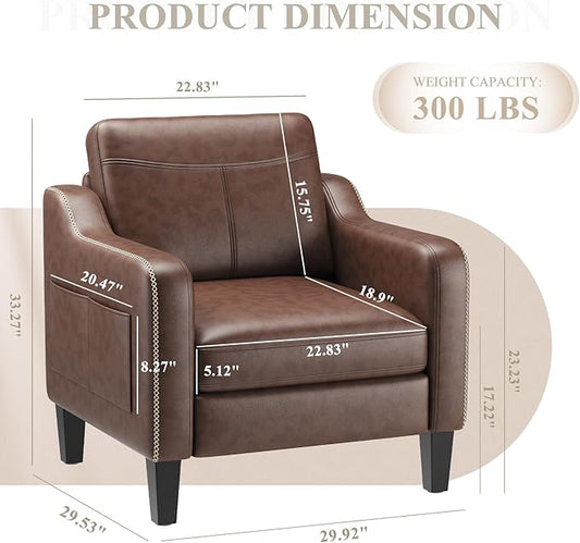 PU Leather Accent Chair, Mid-Century Modern Living Room Armchair Sofa with Removable Cushions, Solid Wood Frame & Stitched Armrest Design, Bedroom Chair with Plastic Legs, Chocolate Brown