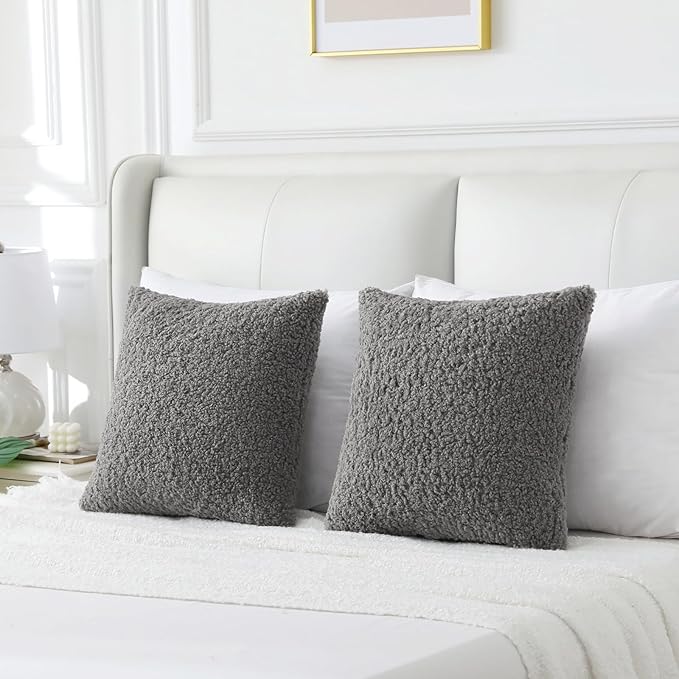 FUTEI Dark Grey Throw Pillow Covers 18x18 Inch Set of 2,Furry Faux Fur Teddy Boucle Textured Cushion Covers,Soft Fluffy Decorative Pillow Case,Home Decor for Couch Bed Living Room Office Car