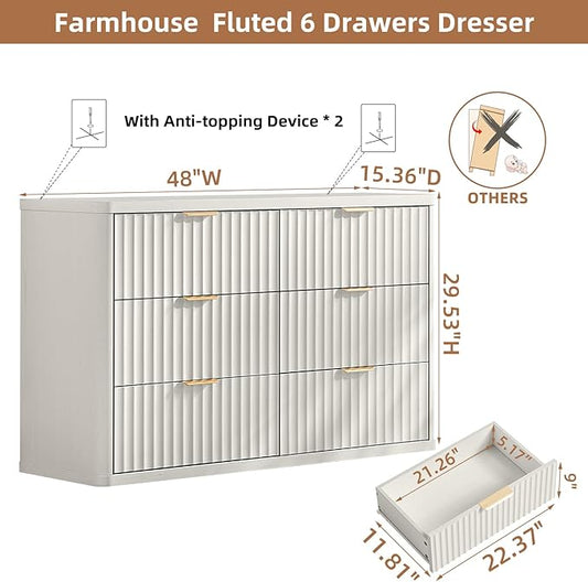 LEYAOYAO Fluted 6 Drawers Dresser, 48" Wide Modern Chest of Drawers with Wood Grain Top, Curved Profile Design, Dresser TV Stand, Wood Drawer Organizer for Bedroom, Living Room, Antique White