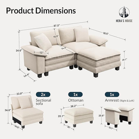 HERA'S HOUSE 88" Modular Sectional Sofa, L Shaped Couches for Living Room, Comfy Cloud Couch with Ottoman, 3-Seater Deep Seat Sofa with Throw Pillow, Chenille Beige