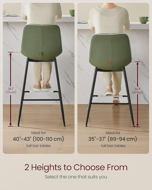 VASAGLE Bar Stools Set of 2, Bar Height Bar Stools with Back, Ergonomic Backrest, Synthetic Leather, Metal Legs, 28.7-Inch Tall Barstools for Kitchen Island Home Bar, Easy Assembly, Forest Green