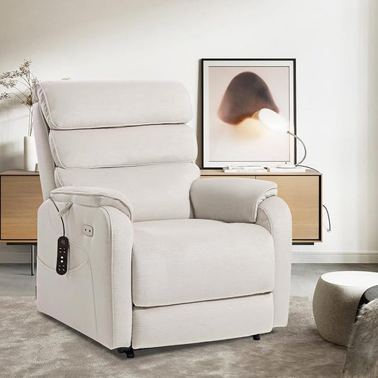 EONIX Wide Lay Flat Power Lift Recliner Chair for Elderly, Heavy Duty Oversized Fabric Lift Chairs Recliner Sofa with Heat and Massage and Charging Ports, Chenille White