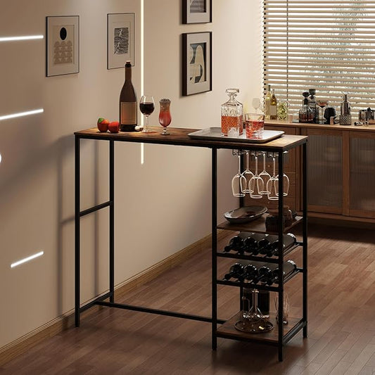 COSTWAY 48" Long Bar Table, Bar Height Dining Table with Storage Shelves, Wine Racks & Stemware Holders, Industrial Breakfast Table for Kitchen Living Room Behind Couch, Rustic Brown
