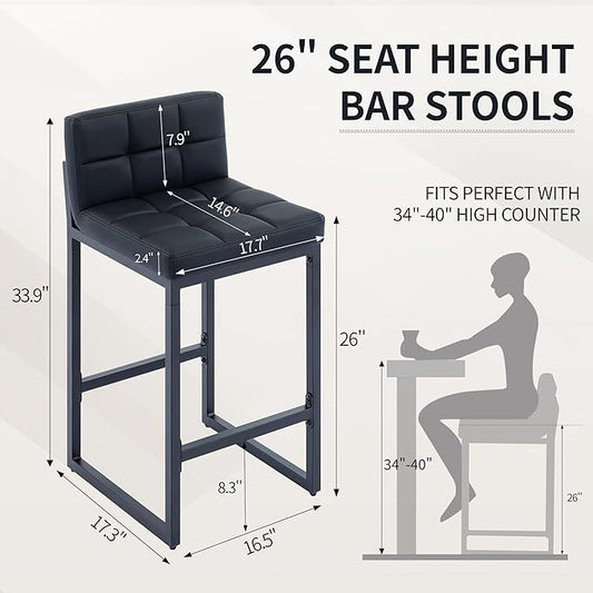 Counter Height Bar Stools Set of 2, Modern Faux Leather Counter Stools with Low Back and Footrest, Upholstered Bar Chairs for Kitchen Island, Bar, Counter (Black, 2Pcs 26" Bar Stools)