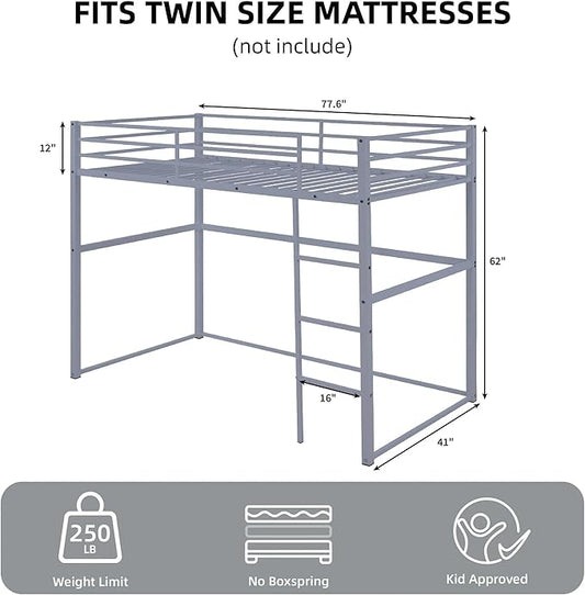 Metal Loft Bed Twin Size, Loft Bed Frame with Safety Guard Rails & Flat Ladder, Twin Loft Bed for Kids Teens Adults