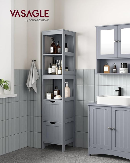 VASAGLE Bathroom Floor Cabinet, Bathroom Storage Organizer Rack Stand, Multifunctional Corner Unit, 2 Drawers, 55.7 Inches in Height, Dove Grey UBBC066G02