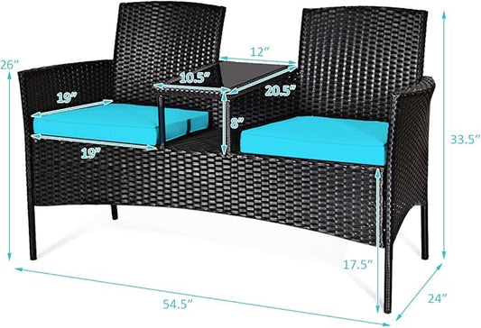 COSTWAY 2-Seat Patio Conversation Sets, Outdoor Patio Loveseat Set with Removable Cushions & Built-in Coffee Table for Backyard, Garden, Lawn, Balcony, Black+Turquoise