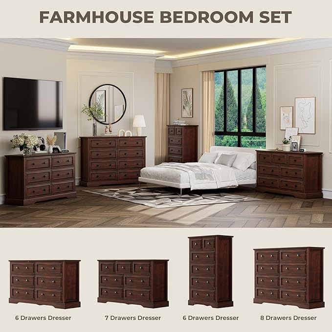Farmhouse 7 Drawer Dresser for Bedroom, 54" Wide Wooden Dresser with Natural Texture & Vintage Metal Knobs, Large Chest of Drawers for Bedroom, Living Room, Hallway, Cherry