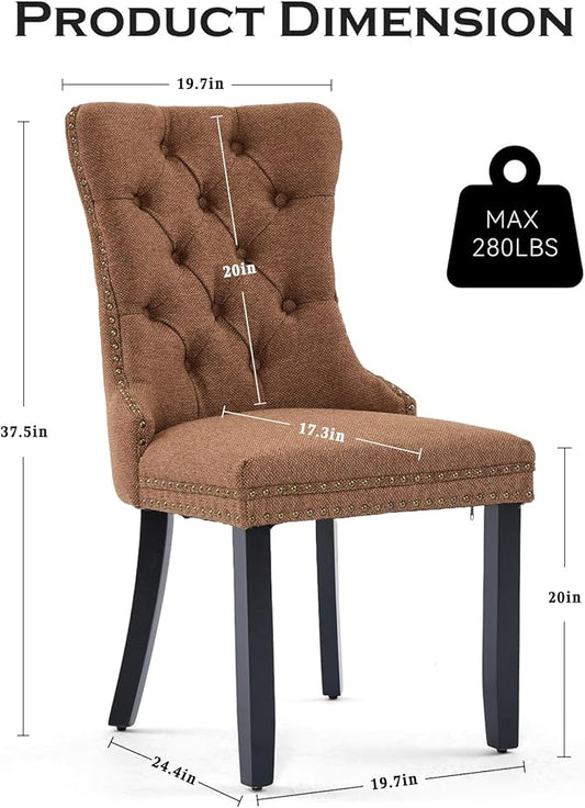 Linen Upholstered Dining Chairs Set of 6, Modern Style Kitchen Side Chairs with Nailhead Trim and Wood Leg, Metal Pulling Ring for Dining Room Living Room(Coffee,Set of 6)