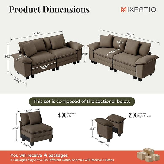 L-Shaped Cloud Modular Sofa Set, 4-Piece Double Loveseat Sectional w/Deep Seat & Removable Arms, Plush Chenille for Living Room - Taupe