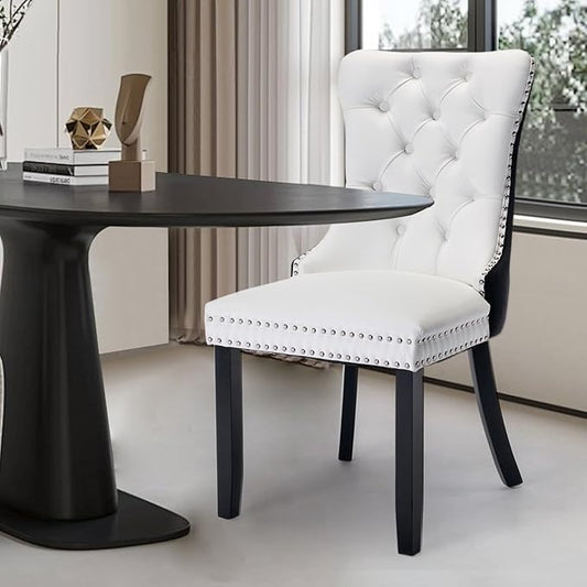 Leather Upholstered Dining Chairs Set of 2, Modern Style Kitchen Side Chairs with Nailhead Trim and Wood Leg, Metal Pulling Ring for Dining Room Living Room(Black&White,Set of 2)