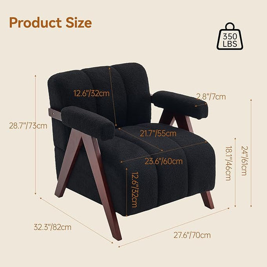Accent Chair with Wide Seat, Anthropologie Living Room Chair with Wide Armrest, Pottery Barn Accent Chair Bedroom Chair with Thick Cushion, Comfy Teddy Tufted Side Chair for Lounge, Black