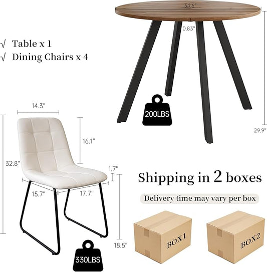 34.6'' Round Dining Table and Chairs for 4 Space Saving for Apartment Kitchen Dining Room (Walnut Table+4 U-Shaped White Chairs)