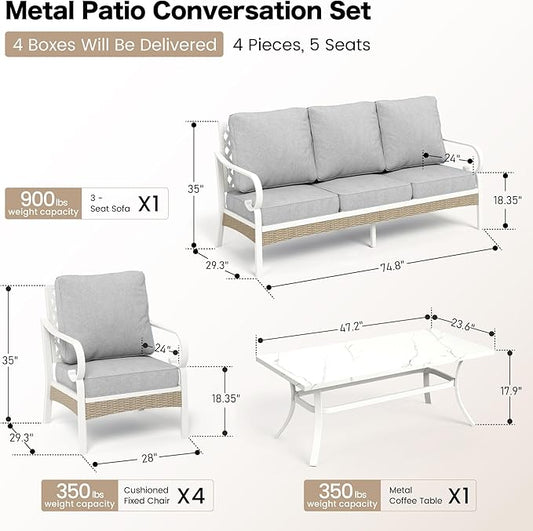 6 Piece Metal Outdoor Patio Furniture Set, Patio Conversation Sets 1 3-Seater Sofa, 4 Single Sofa with 5.75" Extra Thick Cushion and Coffee Table, White Frame Backyard Furniture, Gray