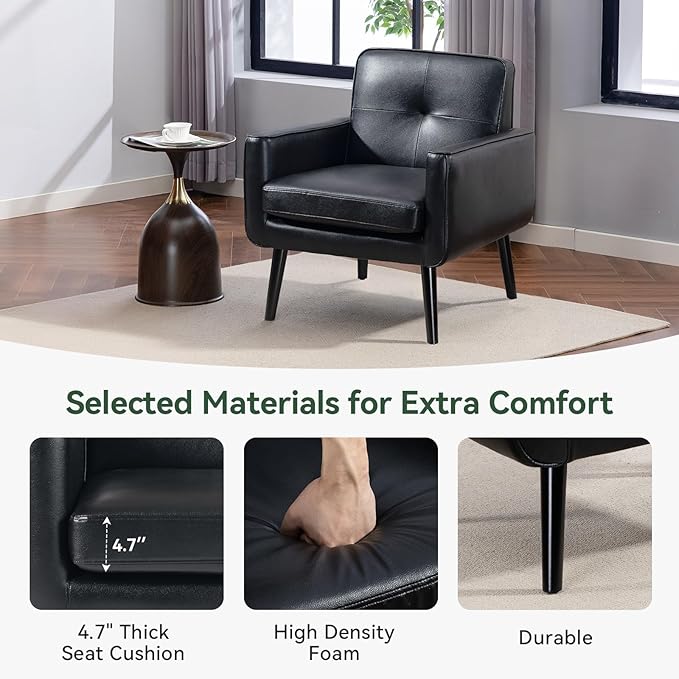 Mid Century Accent Chair, PU Leather Modern Chair with Wooden Frame, Cozy Armchair Reading Chair with Comfy Back for Apartment, Living Room, Bedroom, Waiting Room, Small Space, Corner, Black