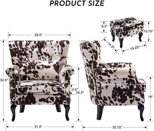 Accent Reading Arm Chairs with Ottoman for Living Room Bedroom, Midcentury Modern Comfy Corner Sofa Chair, Wingback Waiting Room Club Chair with Button Tufted Back &Lumbar Pillow, Fabric Cow