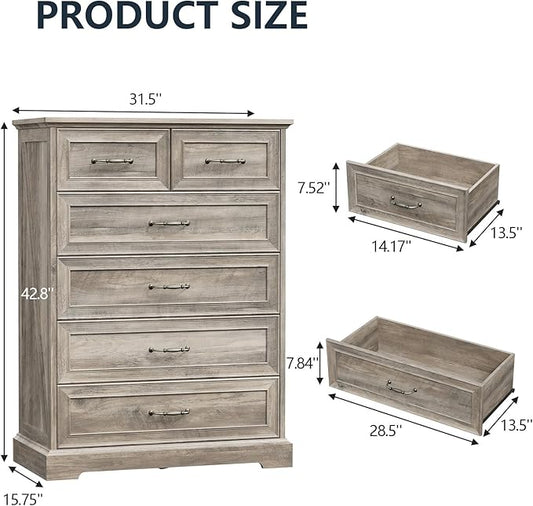 6 Drawer Dresser for Bedroom, 43" Tall Wooden Chest of Drawers, Rustic Farmhouse Dresser with Large Drawers & Metal Handles, Modern Storage Organizer for Closet, Living Room, Hallway, Grey