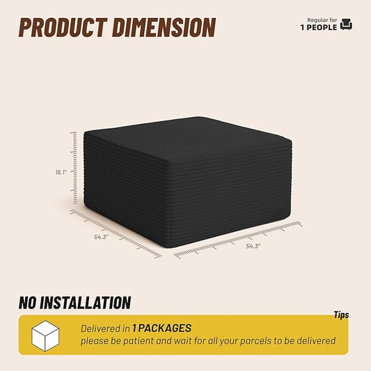 Cozy Square Ottoman, Comfortable Seating, No Assembly Required, Black