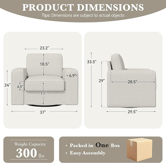 360 Degree Rotation Swivel Accent Sofa Chairs Set of 2, 36'' Width Oversized Armchairs Linen Living Room,Reading-Khaki