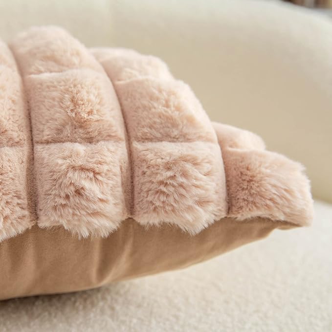 Neelvin Camel Faux Fur Cozy Soft Plaid Decorative Throw Pillow Covers 18x18 inch Set of 2,Velvet Pillowcase Cushion Case for Sofa Couch