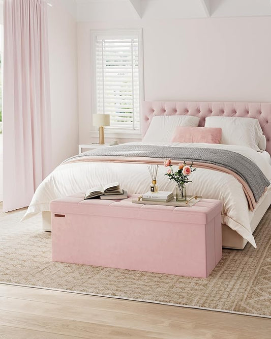 SONGMICS Mazie Collection - Storage Ottoman Bench, Foldable Foot Rest, 15 x 43 x 15 Inches, End of Bed Bench, Storage Chest, Load 660 lb, Living Room, Bedroom, Entryway, Jelly Pink ULSF277R01