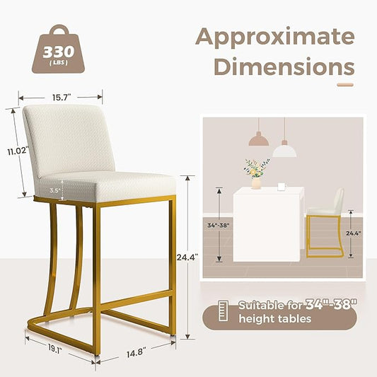 MAISON ARTS Bar Stools Set of 2, 24 Inch Counter Height Barstools with Back, Modern Upholstered Faux Leather Bar Chairs for Kitchen Island Home Bar, Gold Metal Frame, Footrest, Off White