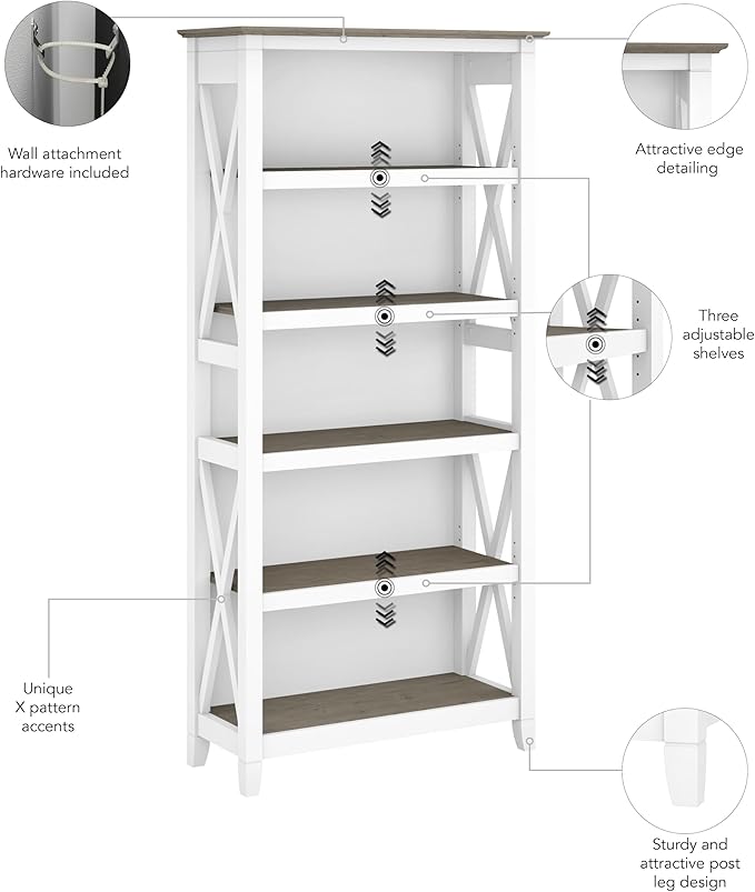 Bush Furniture Tall 5 Shelf Bookcase for Living Room or Home Office, Large Bookshelf, Modern Farmhouse Style, Key West Collection, Pure White and Shiplap Gray