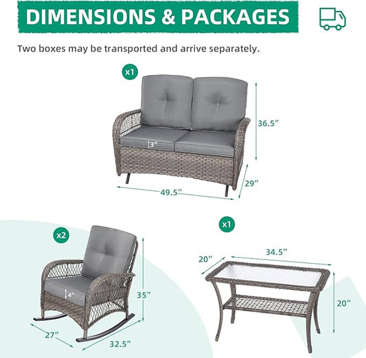 VIVIJASON 4-Piece Outdoor Patio Wicker Conversation Sets, All Weather Outdoor Rattan Furniture Set Includes Glider Loveseat, Coffee Table, 2 Rocking Chairs with Cushions for Backyard, Grey