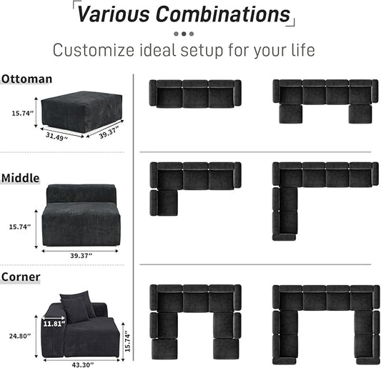 WJShome Cloud Couch Modular Sectional Sofa,141.73inch L Shaped Couch,Oversized Corduroy Couches with Ottoman and Pillows, Black 4 Seaters Cushion Covers Removable& Washable