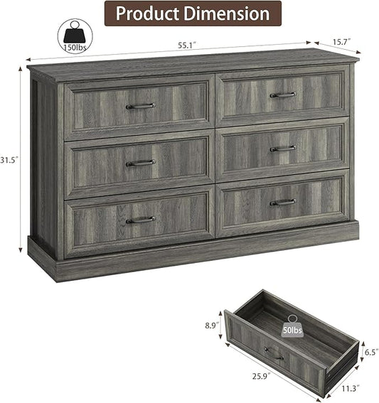 CARPETNAL Farmhouse 6 Drawer Dresser for Bedroom, 55 Inch Wide Modern Grey Dresser TV Stand with Large Drawers & Bar Handles, Rustic Wood Chest of Drawers for Bedroom, Living Room, Hallway, Entryway.