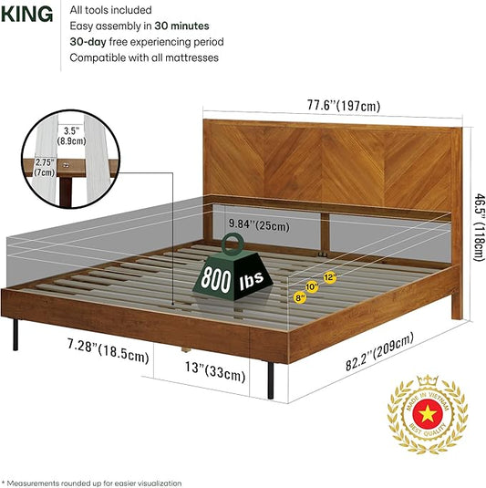 Acacia Alander King Bed Frame and Headboard Solid Wood Platform Bed, Scandinavian Signature Wood Bed Compatible with All Mattress Types, Bed Frame King Bedroom Furniture, Wood Slats Support, Walnut