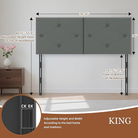 King Size Headboard, Faux Leather Headboard with Solid Wood & Sturdy Metal Legs, Adjustable Height Bed Headboards King Tufted Upholstered in Modern Button Design, Grey