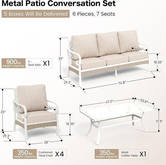 6 Piece Metal Outdoor Patio Furniture Set, Patio Conversation Sets 1 3-seater Sofa, 4 Single Sofa with 5.75" Extra Thick Cushion and Coffee Table, White Frame Backyard Furniture, Beige