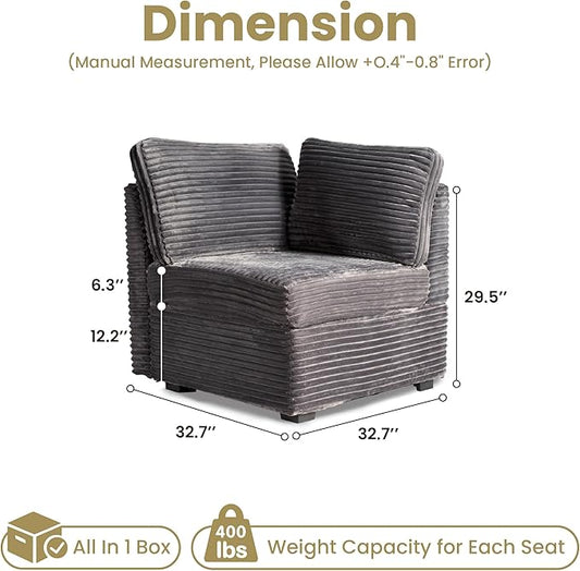32.7'' Corner Seat for Modular Sectional Sofa, Deep Seat Upholstered Convertible Sleeper Sofas, L/U/V Shaped Plush Corduroy Cloud Couch for Living Room Apartment, Grey