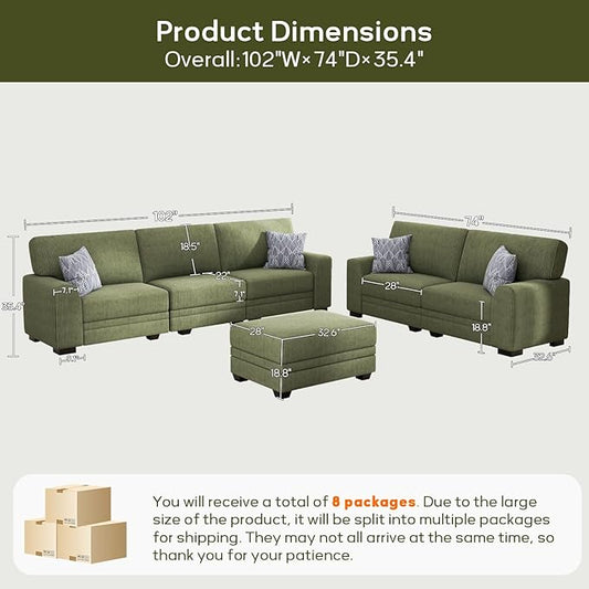 Wanderwell Oversized Modular Sectional Sofa, 6-Seater U Shaped Couches with Movable Ottoman,Corduroy Sectional Couch with Wide and Deep Seats Suitable for Living room,Bedroom,Apartment (Olive, 2+3+OT)