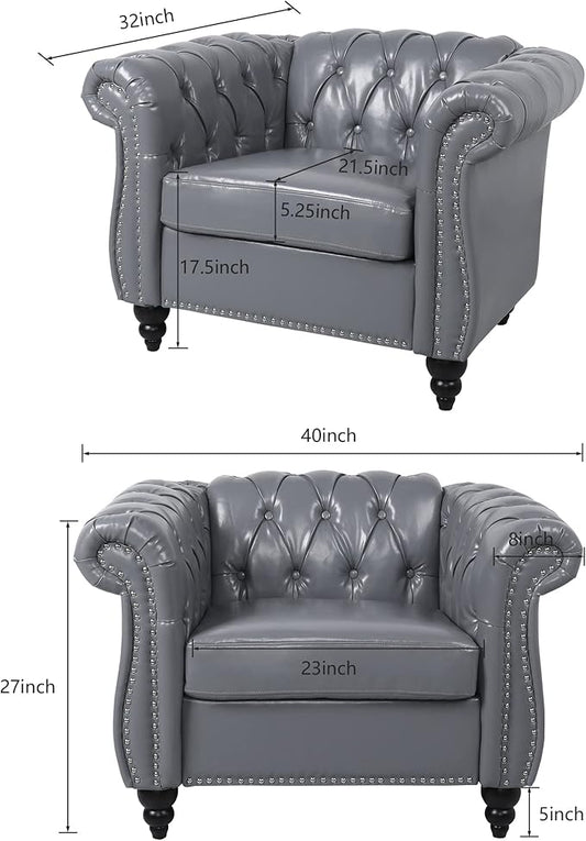 LEVNARY Leather Upholstered Armchair, Mid-Century Modern Single Sofa Chair with Rolled Arms and Nailhead, Tufted Pu Leather Chesterfield Chair for Home Bedroom Reading Room (Gray)