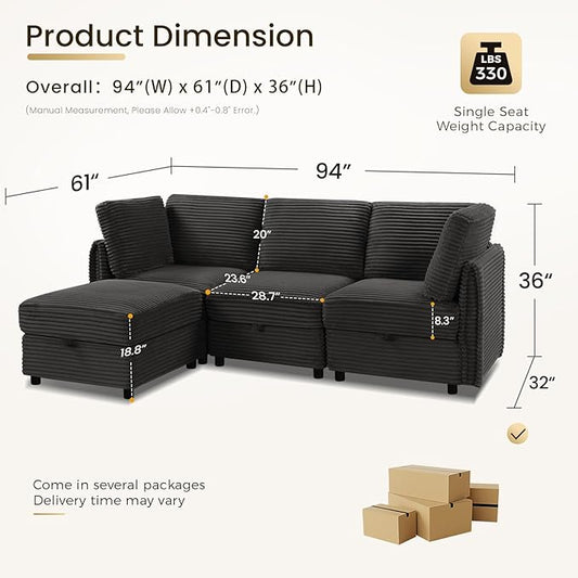 KKL Modular Sectional Sofa L-Shaped 4 Seater Couch with Storage Ottoman, Plush Wide-Wale Corduroy Couch for Living Room, Apartment, Modern Design, Black